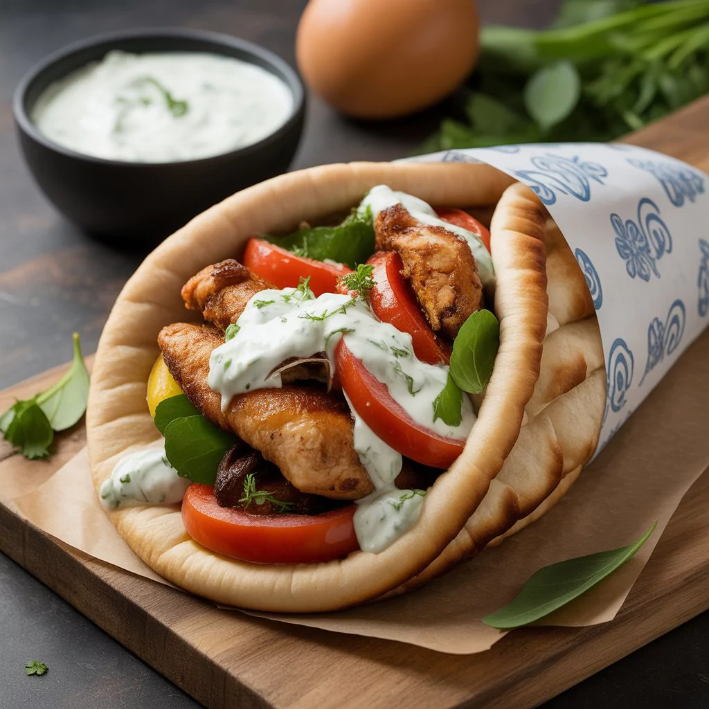 Chicken Gyros with Tzatziki Sauce – A Taste of Greece at Home 2 A delicious chicken gyro wrapped in soft pita bread, filled with tender grilled chicken, fresh tomatoes, onions, and greens, topped with a creamy tzatziki sauce, offering an authentic Greek flavor in every bite.