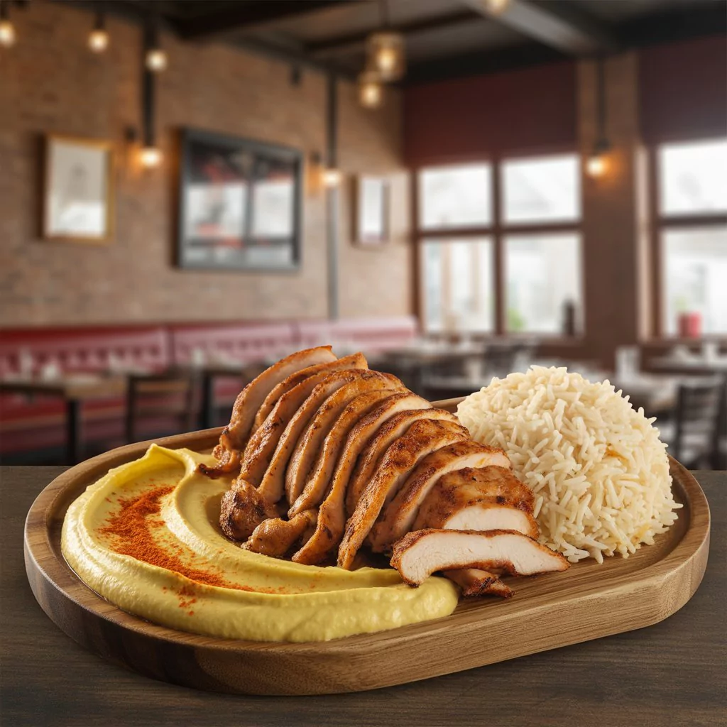 Grilled Chicken Shawarma Plate – Juicy, Flavorful & Easy to Make 2 A delicious Grilled Chicken Shawarma plate featuring tender, juicy slices of marinated grilled chicken served with creamy garlic sauce, fresh tomatoes, and onions on warm pita bread, garnished with herbs and spices.