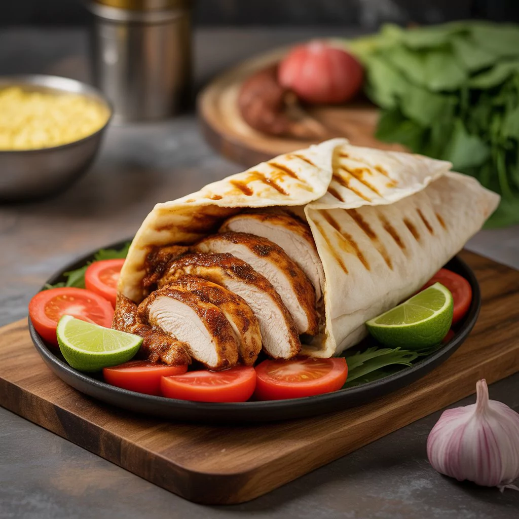 Grilled Chicken Shawarma Plate with fresh vegetables, flavorful rice, and creamy garlic sauce