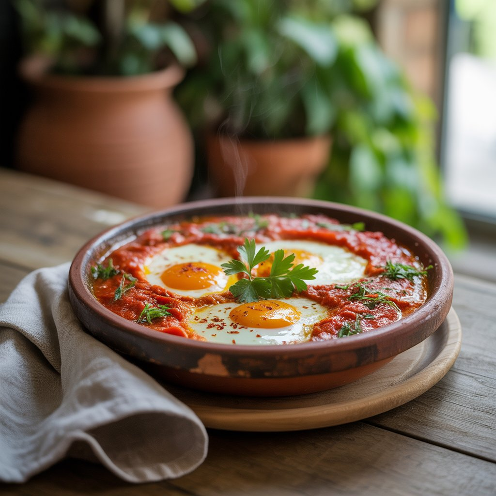 Shakshuka – Tunisian Baked Eggs in Tomato Sauce 2 A traditional Tunisian and Israeli Shakshuka, featuring baked eggs nestled in a rich, spiced tomato sauce, garnished with fresh parsley and herbs, perfect for a flavorful Mediterranean breakfast.