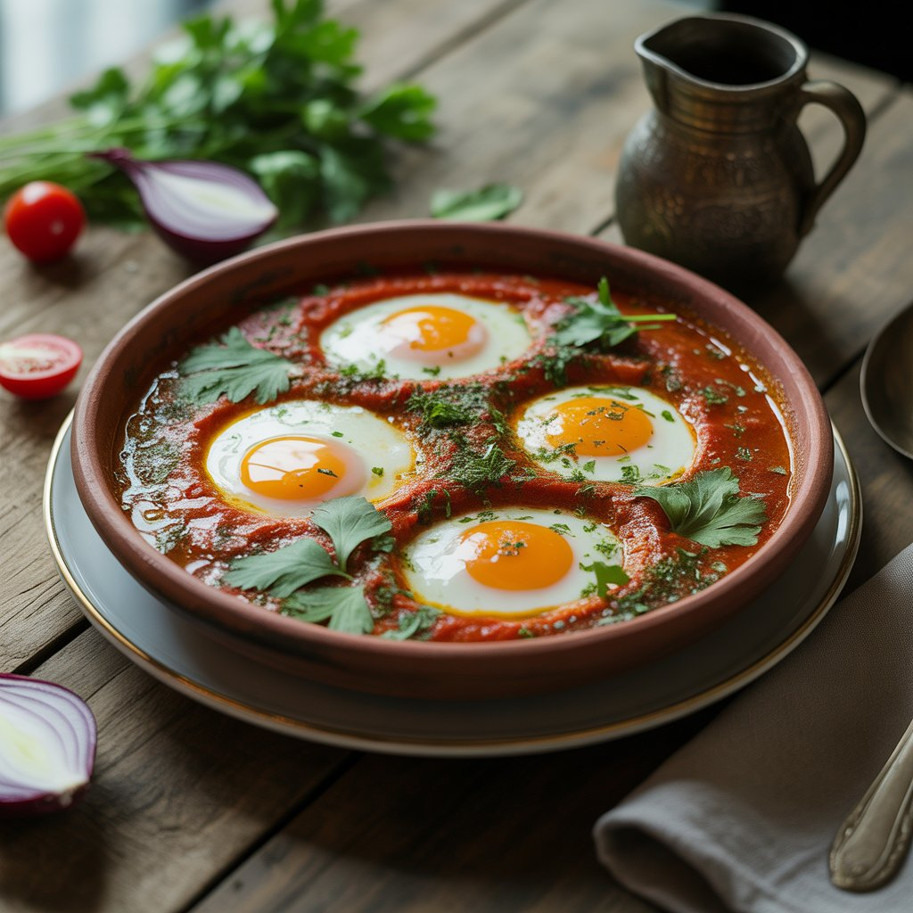 Shakshuka – Tunisian Baked Eggs in Tomato Sauce 3 A delicious serving of Shakshuka, with eggs baked in a spiced tomato sauce, garnished with fresh herbs and onions, offering a hearty and flavorful Middle Eastern breakfast option.