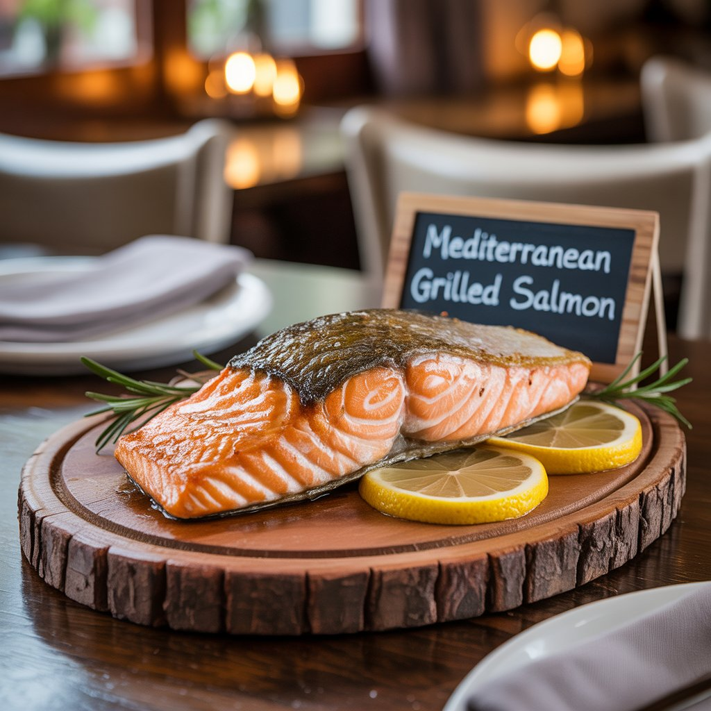 Mediterranean Grilled Salmon – Healthy, Juicy & Packed with Flavor 2 A beautifully grilled salmon fillet with a crispy skin, served with fresh lemon slices and rosemary, offering a healthy and flavorful Mediterranean dish perfect for seafood lovers.