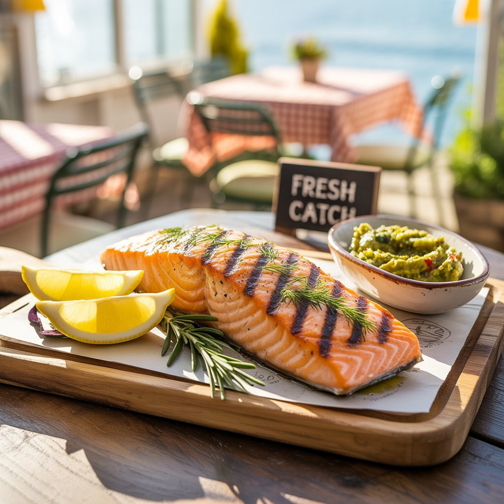 Mediterranean Grilled Salmon – Healthy, Juicy & Packed with Flavor 3 A fresh grilled salmon fillet, garnished with rosemary and served with lemon wedges, highlighting the healthy and flavorful qualities of Mediterranean cuisine.