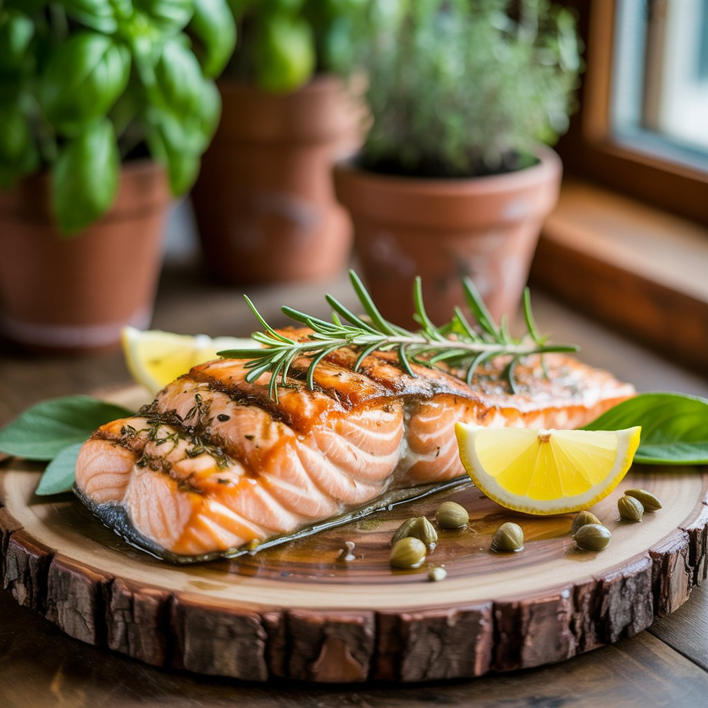 Mediterranean Grilled Salmon – Healthy, Juicy & Packed with Flavor 4 A succulent Mediterranean Grilled Salmon fillet served with a slice of lemon and sprinkled with capers, creating a perfect Mediterranean-inspired meal.