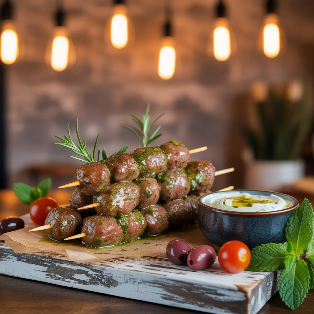 Lamb Kofta Kebabs – Juicy, Spiced, and Perfectly Grilled 2 A platter of mouthwatering lamb kofta kebabs skewered and grilled to perfection, drizzled with aromatic herb sauce, and served with a side of creamy yogurt dip, garnished with olives, mint, and rosemary.