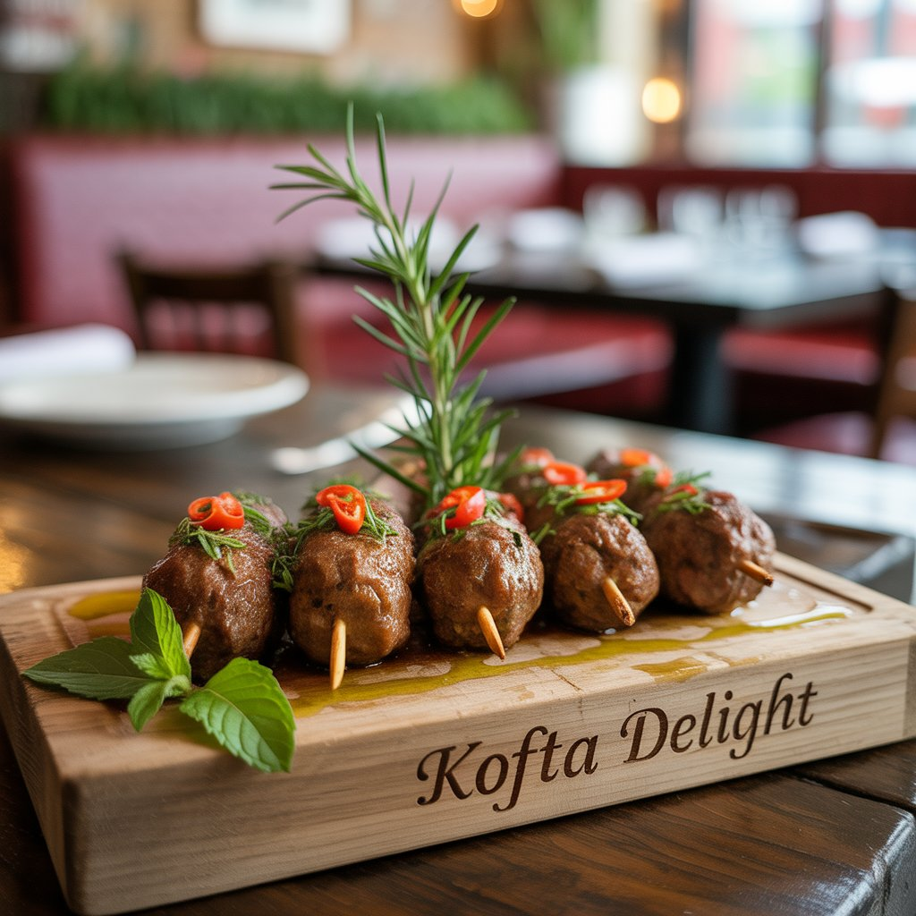 Lamb Kofta Kebabs – Juicy, Spiced, and Perfectly Grilled 3 A beautifully presented plate of kofta kebabs, garnished with fresh rosemary and red chili, served with a drizzle of olive oil, creating a flavorful Mediterranean delight.