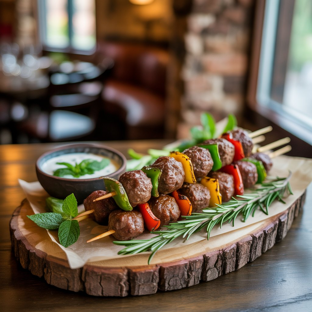 Lamb Kofta Kebabs – Juicy, Spiced, and Perfectly Grilled 4 Delicious kofta kebabs grilled with vibrant bell peppers and onions, served with a side of mint yogurt dip, garnished with fresh rosemary and mint leaves for a perfect Mediterranean feast.