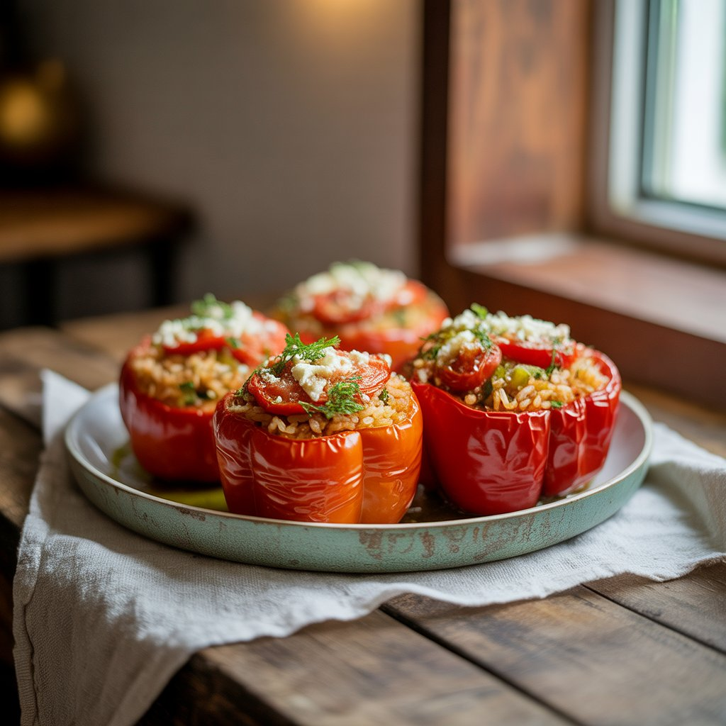 Stuffed Bell Peppers (Greek Gemista) – A Mediterranean Comfort Food 2 A platter of delicious Greek Gemista, stuffed bell peppers filled with a savory rice and herb mixture, topped with melted cheese and fresh basil, showcasing a comforting Mediterranean dish.