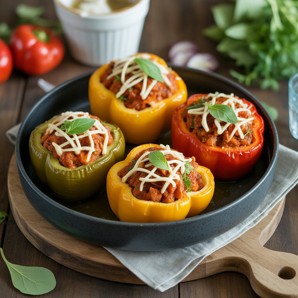 Stuffed Bell Peppers (Greek Gemista) – A Mediterranean Comfort Food 4 Colorful Greek stuffed bell peppers filled with a rice and tomato mixture, topped with gooey cheese and garnished with fresh herbs, offering a nutritious and flavorful Mediterranean dish.