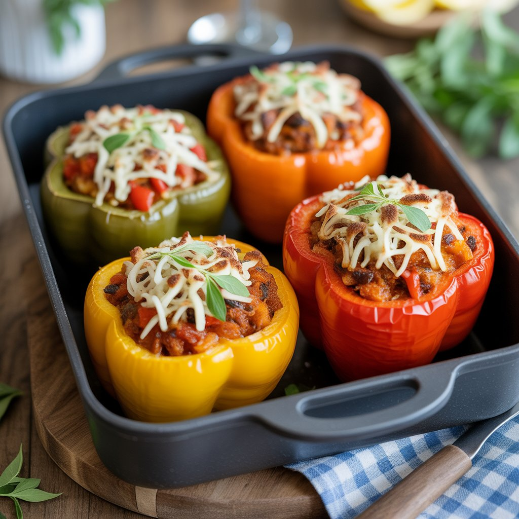Stuffed Bell Peppers (Greek Gemista) – A Mediterranean Comfort Food 3 Baked stuffed bell peppers in vibrant red, yellow, and green, filled with a savory filling of rice, herbs, and topped with melted cheese, making for a colorful and hearty Mediterranean meal.