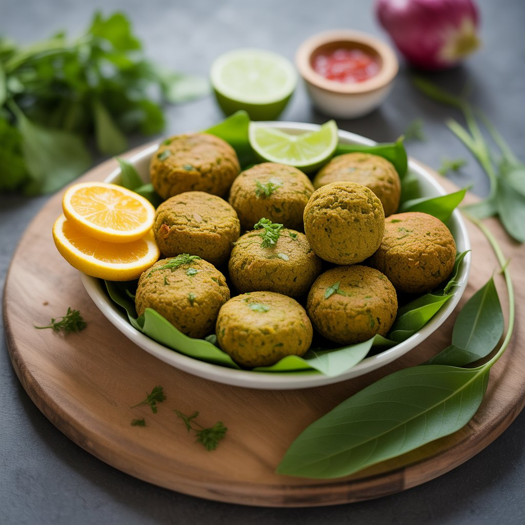 Baked Falafel – Crispy, Healthy & Full of Flavor 2 A plate of freshly made baked falafel, golden and crispy on the outside with a soft, flavorful center, served with vibrant lemon slices and a side of fresh green leaves, perfect for a healthy Mediterranean meal.