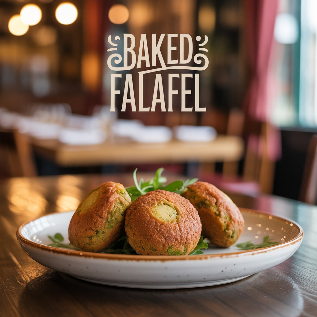 Baked Falafel – Crispy, Healthy & Full of Flavor 3 A close-up of three perfectly baked falafel balls, golden and crisp on the outside, placed on a plate with fresh arugula leaves, offering a light and healthy alternative to fried falafel.