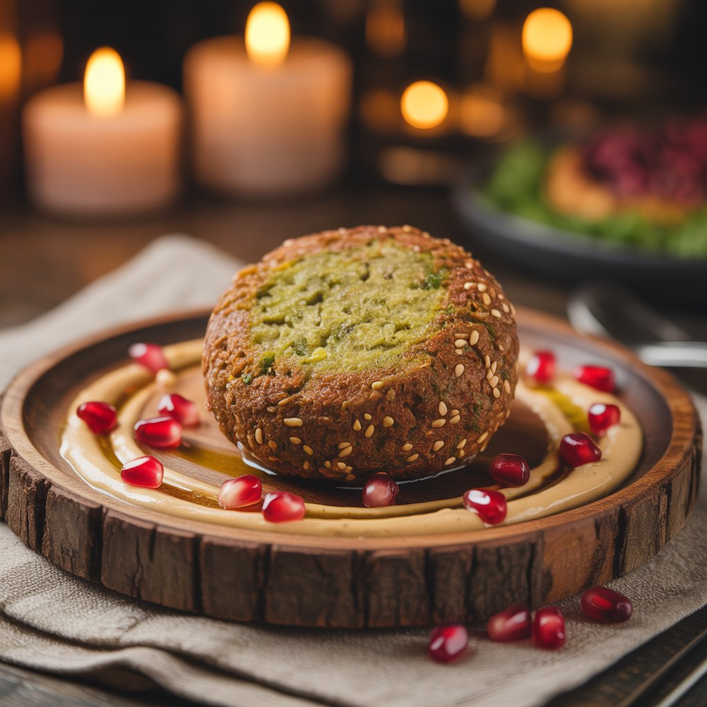 Baked Falafel – Crispy, Healthy & Full of Flavor 4 A beautifully plated falafel ball drizzled with creamy tahini sauce and topped with fresh pomegranate seeds, garnished with sesame seeds, creating a vibrant and healthy Middle Eastern dish.