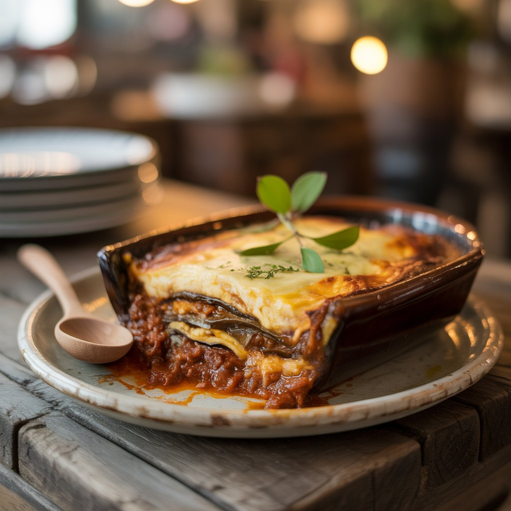 Moussaka – Classic Greek Eggplant Lasagna 3 Baked Greek Moussaka in a casserole with golden cheese topping and hearty meat sauce.