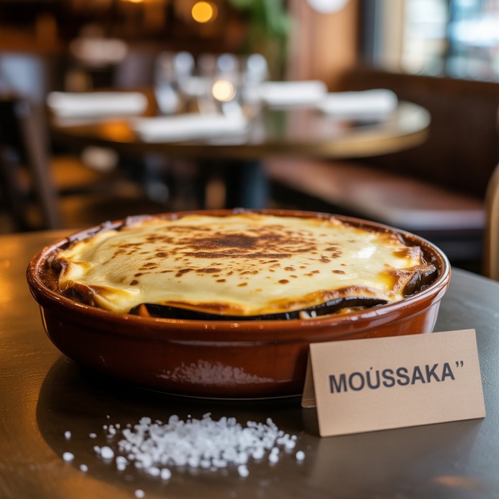 Moussaka – Classic Greek Eggplant Lasagna 4 Traditional Greek Moussaka served in a rustic terracotta dish, featuring layers of tender eggplant, ground meat, and a rich cheese topping, baked to perfection. The dish is garnished with a sprinkle of salt and displayed with a name card, ideal for those looking for authentic Mediterranean recipe ideas.