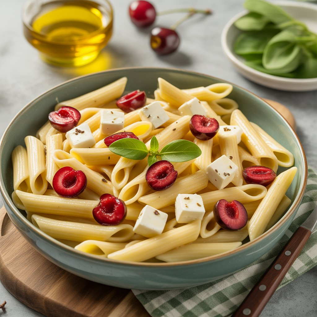 Pasta with Olive Oil, Feta & Cherry Tomatoes – A Simple Mediterranean Classic 3 A bowl of penne pasta topped with juicy cherries, creamy feta cheese, and fresh basil, creating a sweet and savory Mediterranean-inspired dish.