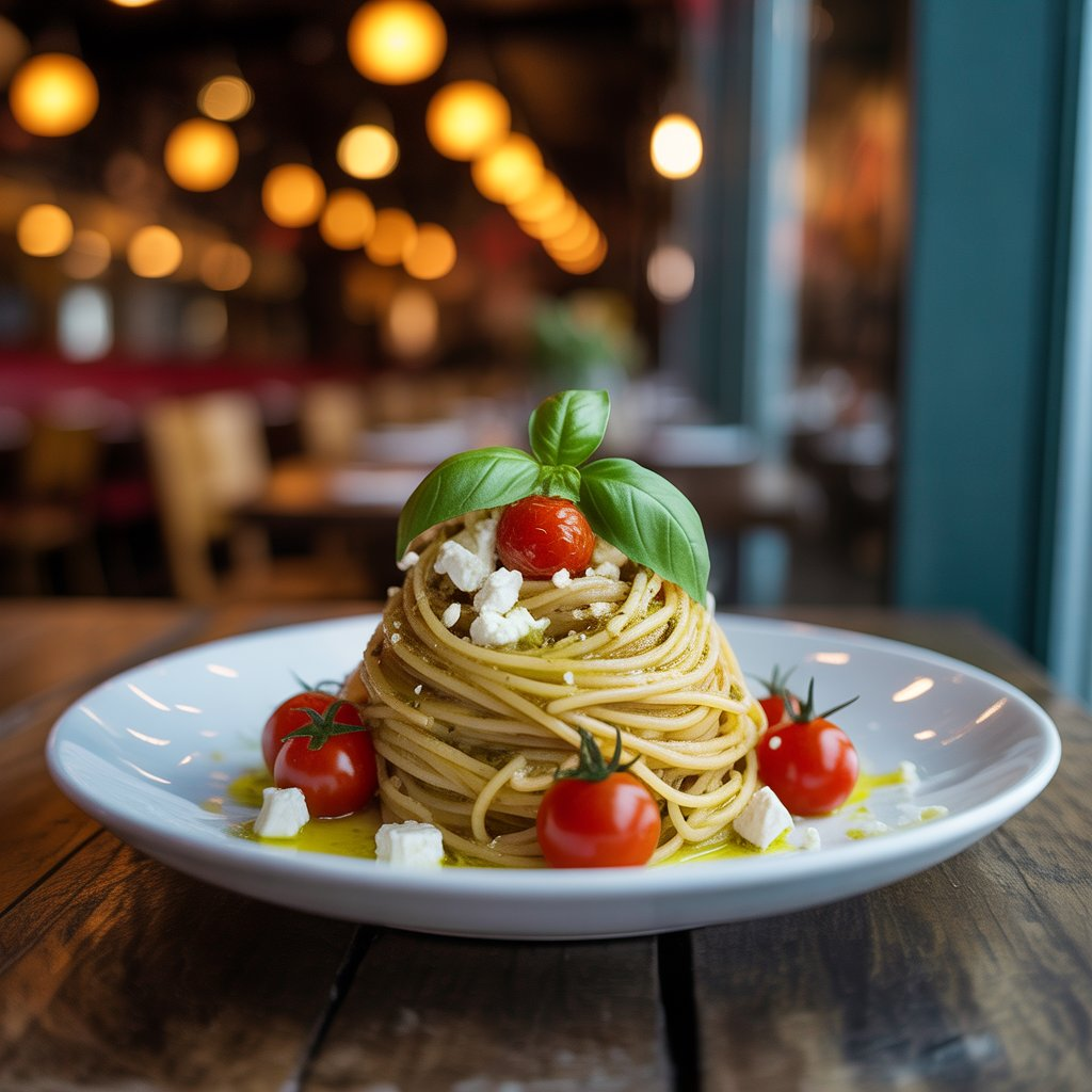 Pasta with Olive Oil, Feta & Cherry Tomatoes – A Simple Mediterranean Classic 2 A classic Mediterranean pasta dish featuring spaghetti tossed in olive oil, topped with fresh feta cheese, cherry tomatoes, and a garnish of basil, offering a simple and flavorful meal.