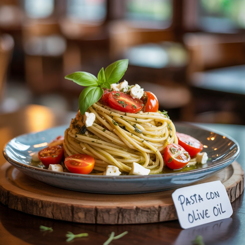 Pasta with Olive Oil, Feta & Cherry Tomatoes – A Simple Mediterranean Classic 4 A plate of spaghetti tossed in olive oil, topped with ripe cherry tomatoes, feta cheese, and fresh basil, offering a simple yet delicious Mediterranean meal.