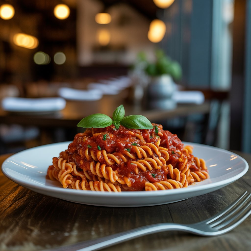 Fusilli Pasta with Spicy Tomato Sauce: A Flavorful and Easy Recipe 3 Fusilli pasta with spicy tomato sauce garnished with fresh basil leaves on a wooden table in a cozy restaurant setting.