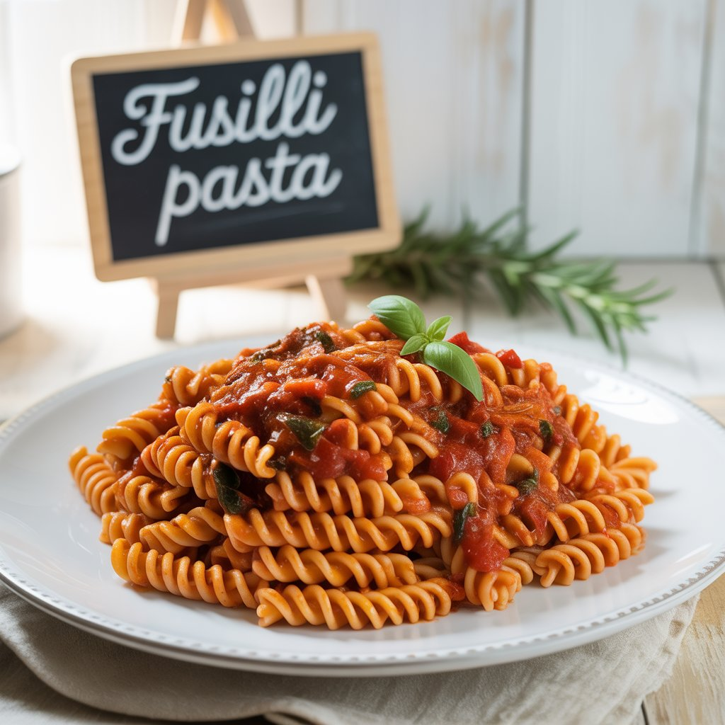 Fusilli Pasta with Spicy Tomato Sauce: A Flavorful and Easy Recipe 4 Fusilli pasta with spicy tomato sauce topped with fresh basil, presented on a white plate with a small chalkboard sign reading 'Fusilli pasta' in the background.