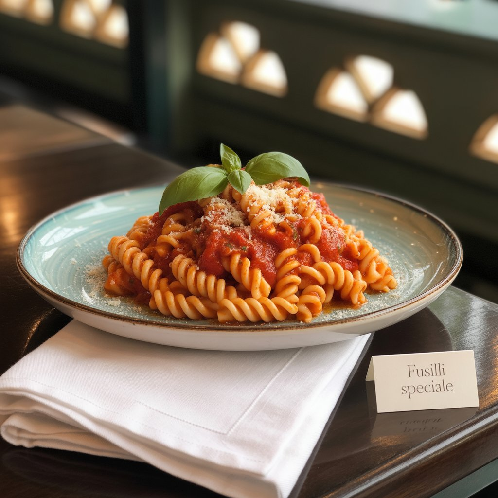 Fusilli Pasta with Spicy Tomato Sauce: A Flavorful and Easy Recipe 2 Fusilli pasta served with a rich spicy tomato sauce and grated parmesan cheese, garnished with fresh basil on a stylish plate labeled 'Fusilli speciale'.