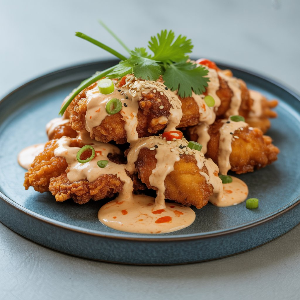 Bang Bang Chicken Recipe – Crispy, Creamy & Bursting with Flavor! 2 Close-up of Bang Bang Chicken with sweet chili sauce