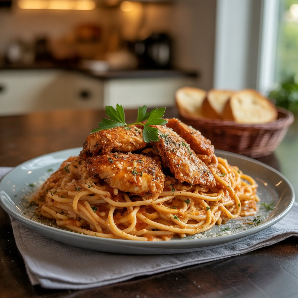 Cowboy Butter Chicken Linguine – Spicy, Buttery & Irresistible! 2 Cowboy butter chicken linguine garnished with parsley