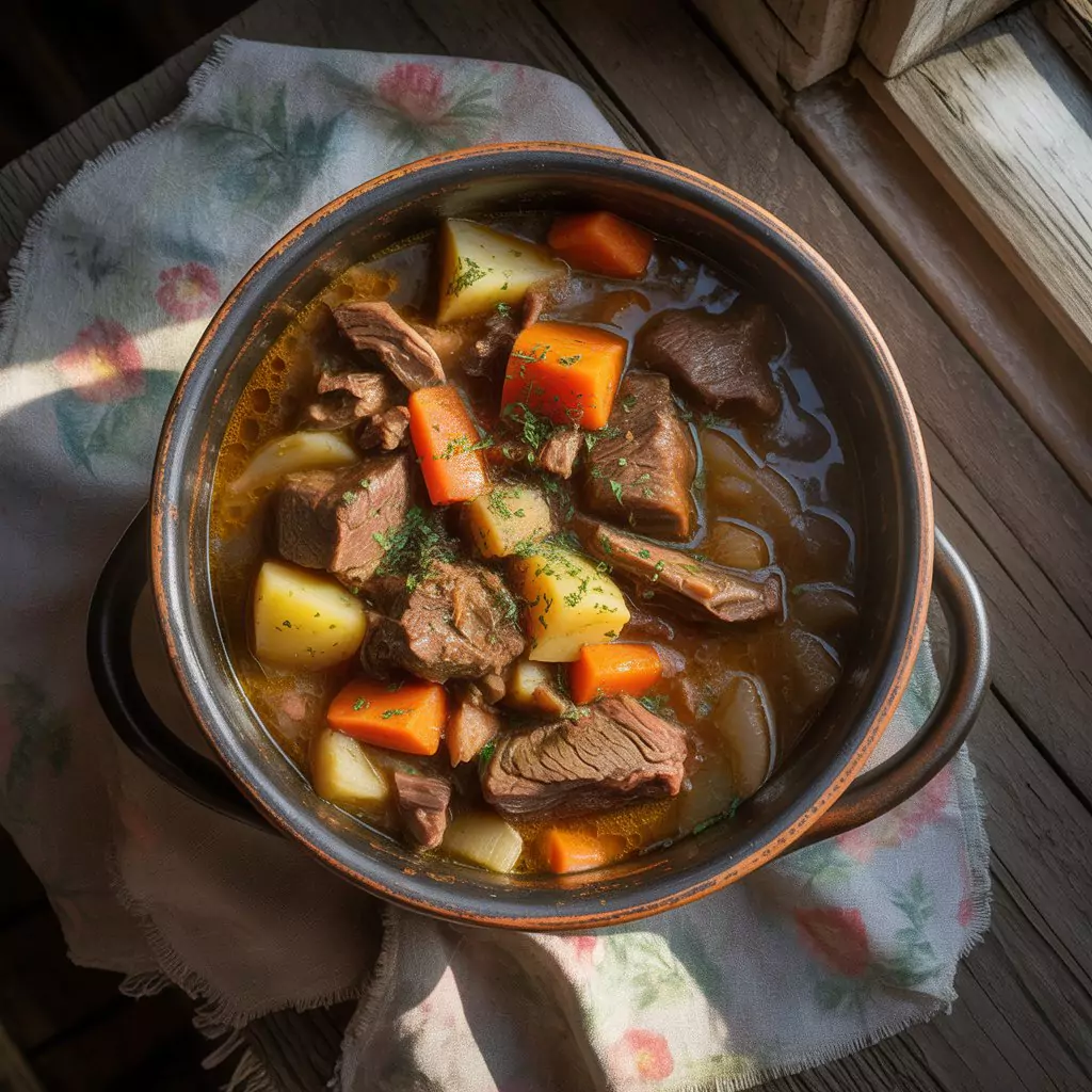 Homemade beef stew with tender meat, potatoes, and carrots in rich gravy