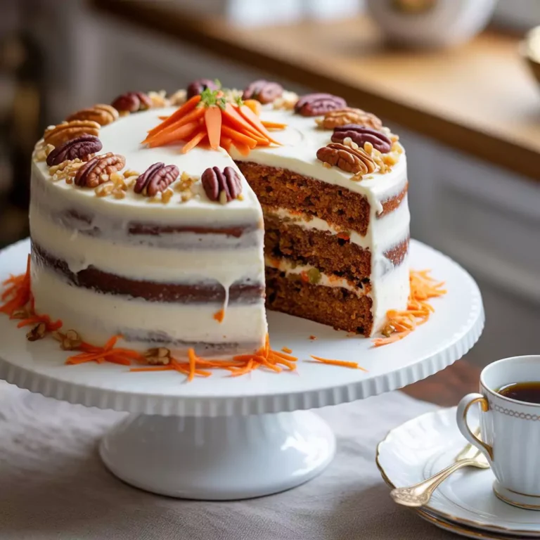 Whole freshly baked carrot cake with cream cheese frosting, grated carrots, and crushed walnuts on a white cake stand in a cozy café setting.