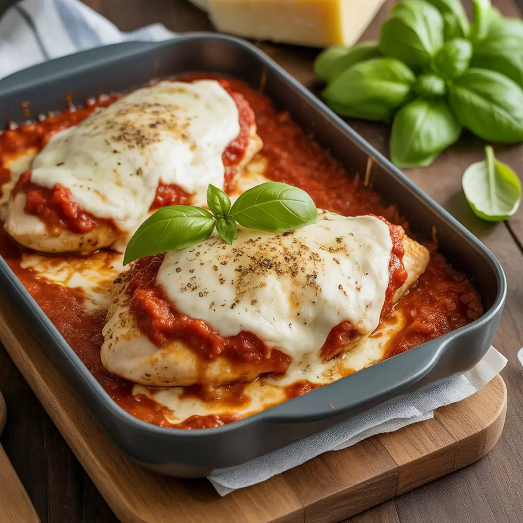 Chicken Parmesan Recipe – Crispy, Cheesy & Irresistible 4 Crispy chicken parmesan in a skillet with bubbling cheese topping