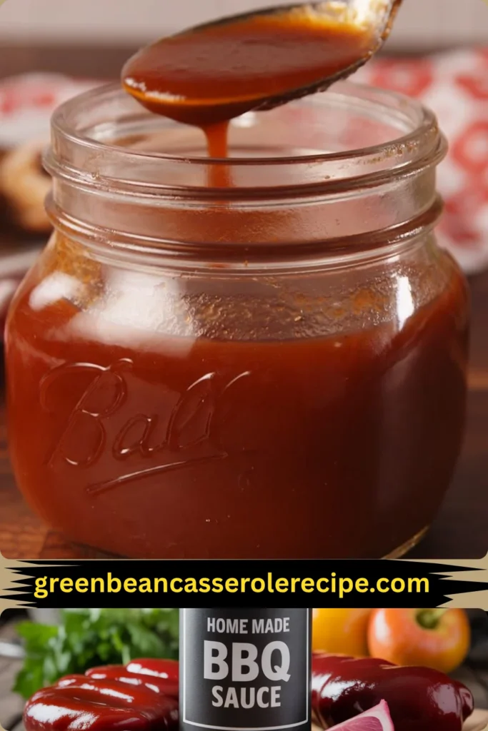 Homemade BBQ Sauce – Best Ever 5-Min Ultimate Flavor 5 homemade BBQ sauce — the top image displays a spoon drizzling BBQ sauce into a glass jar, and the bottom image shows a labeled bottle of "Home Made BBQ Sauce" surrounded by vegetables and radishes.