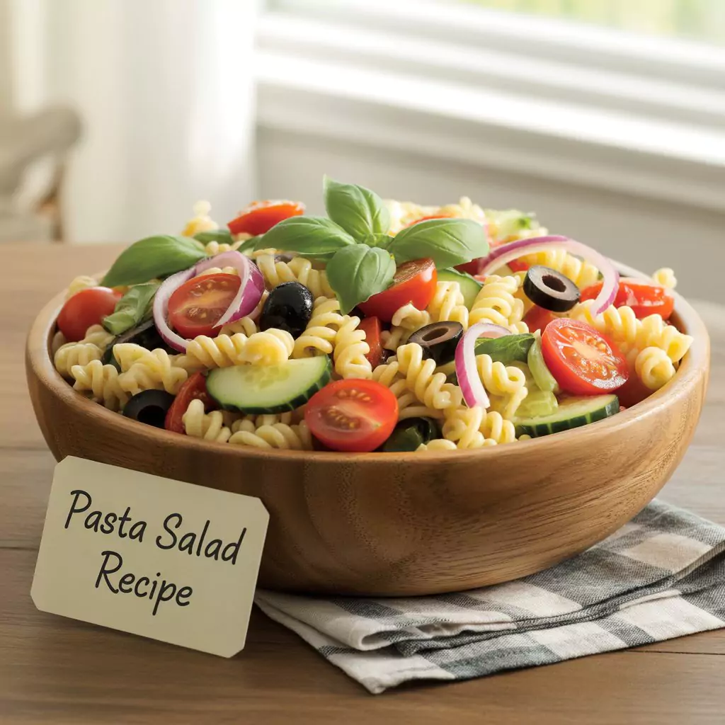 Pasta Salad Recipe – Fresh, Easy & Perfect for Any Occasion 2 Close-up of cold pasta salad with mayonnaise, corn, and capsicum