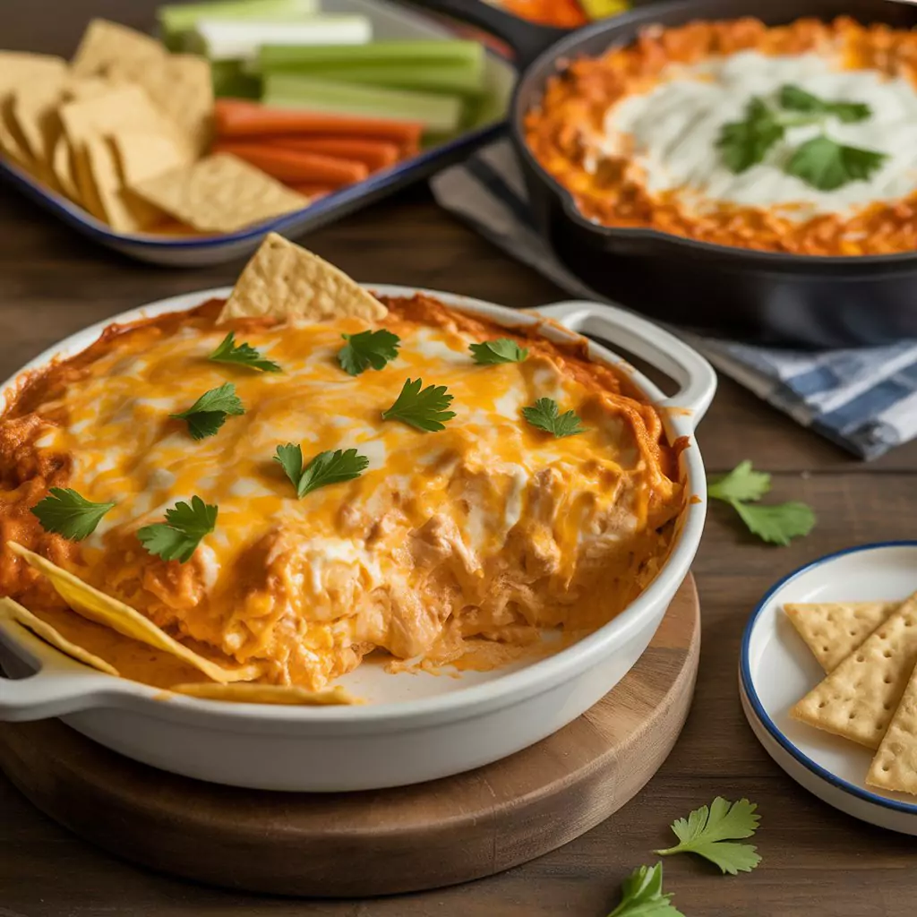 Buffalo Chicken Dip Recipe – Creamy, Cheesy & Crowd-Pleasing 2 Buffalo chicken dip appetizer served with fresh vegetables and chips