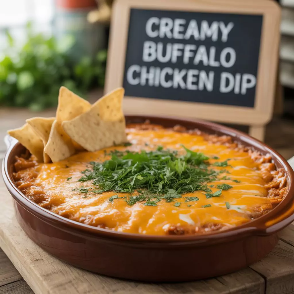 Buffalo Chicken Dip Recipe – Creamy, Cheesy & Crowd-Pleasing 4 Party platter with buffalo chicken dip, crackers, and celery sticks