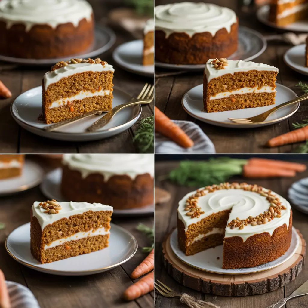 Carrot Cake Recipe – Moist, Spiced & Bakery-Style 2 Moist slice of homemade carrot cake recipe layered with cream cheese frosting, served on a white plate with a fork and coffee cup nearby.