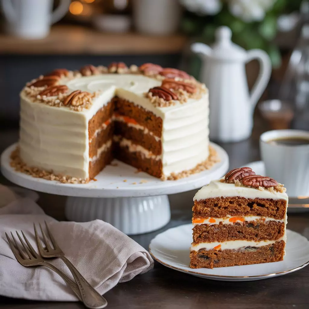 Carrot Cake Recipe – Moist, Spiced & Bakery-Style 3 Rustic carrot cake placed on a wooden kitchen table, topped with cream cheese frosting and sprinkled with chopped pecans, ready to serve.