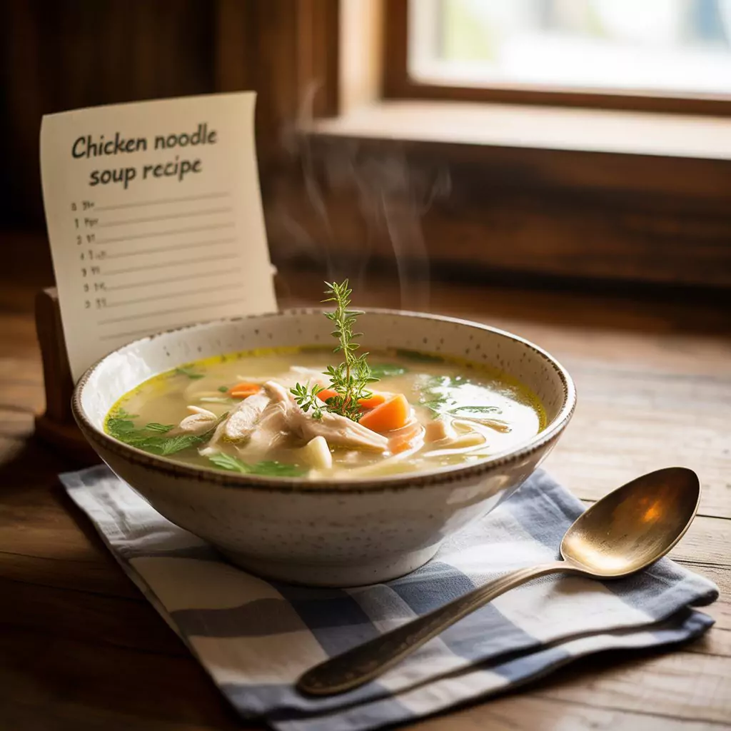 Chicken Noodle Soup Recipe – Comforting, Hearty & Easy to Make 2 Close-up of chicken noodle soup in a bowl with carrots, celery, and parsley