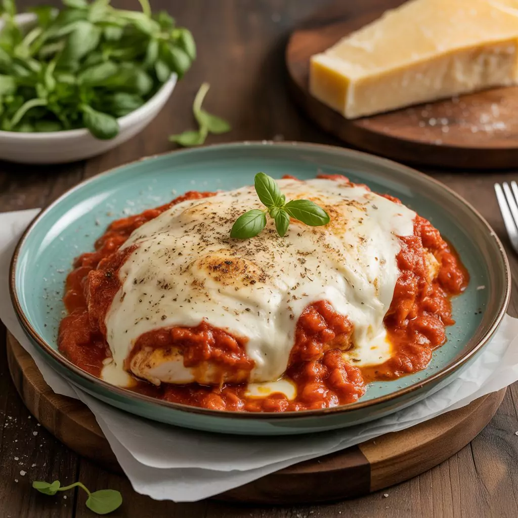 Chicken Parmesan Recipe – Crispy, Cheesy & Irresistible 2 Homemade chicken parmesan with golden crust and fresh basil garnish