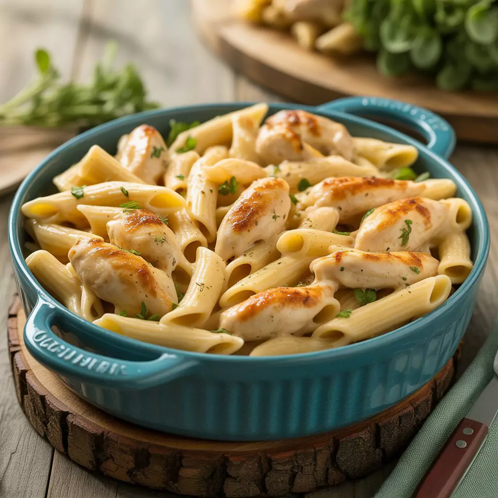 Chicken Pasta Recipes – Easy, Creamy & Delicious Ideas 2 Close-up of cheesy chicken pasta with golden baked topping