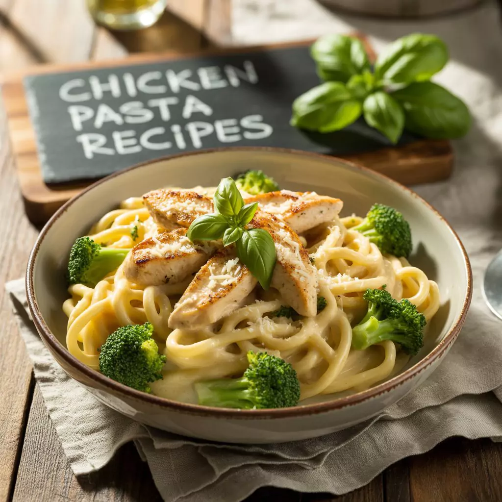 Creamy chicken pasta served in a white bowl with fresh parsley garnish