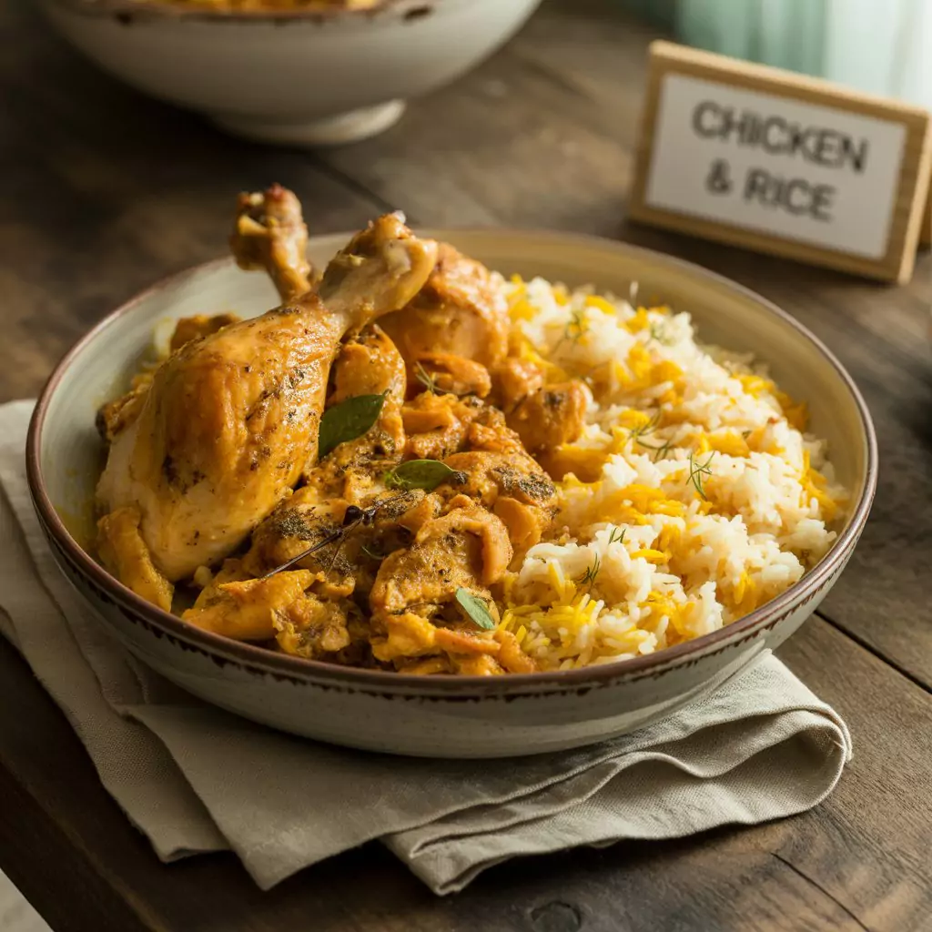 Chicken and Rice Recipe – Comforting, Flavorful & Easy Dinner 2 Homemade chicken and rice served in a bowl with vegetables