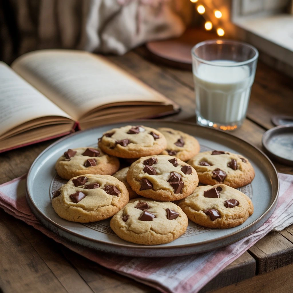 A plate of freshly baked chocolate chip cookies served with a glass of milk, perfect for a cozy treat.