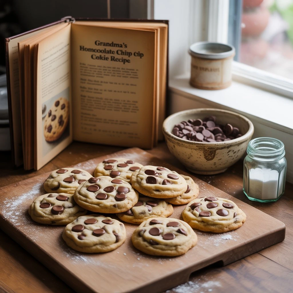 The Ultimate Chocolate Chip Cookie Recipe – Quick, Easy, and Irresistible! 4 A recipe book opened to Grandma's chocolate chip cookie recipe, with freshly baked cookies on the counter.