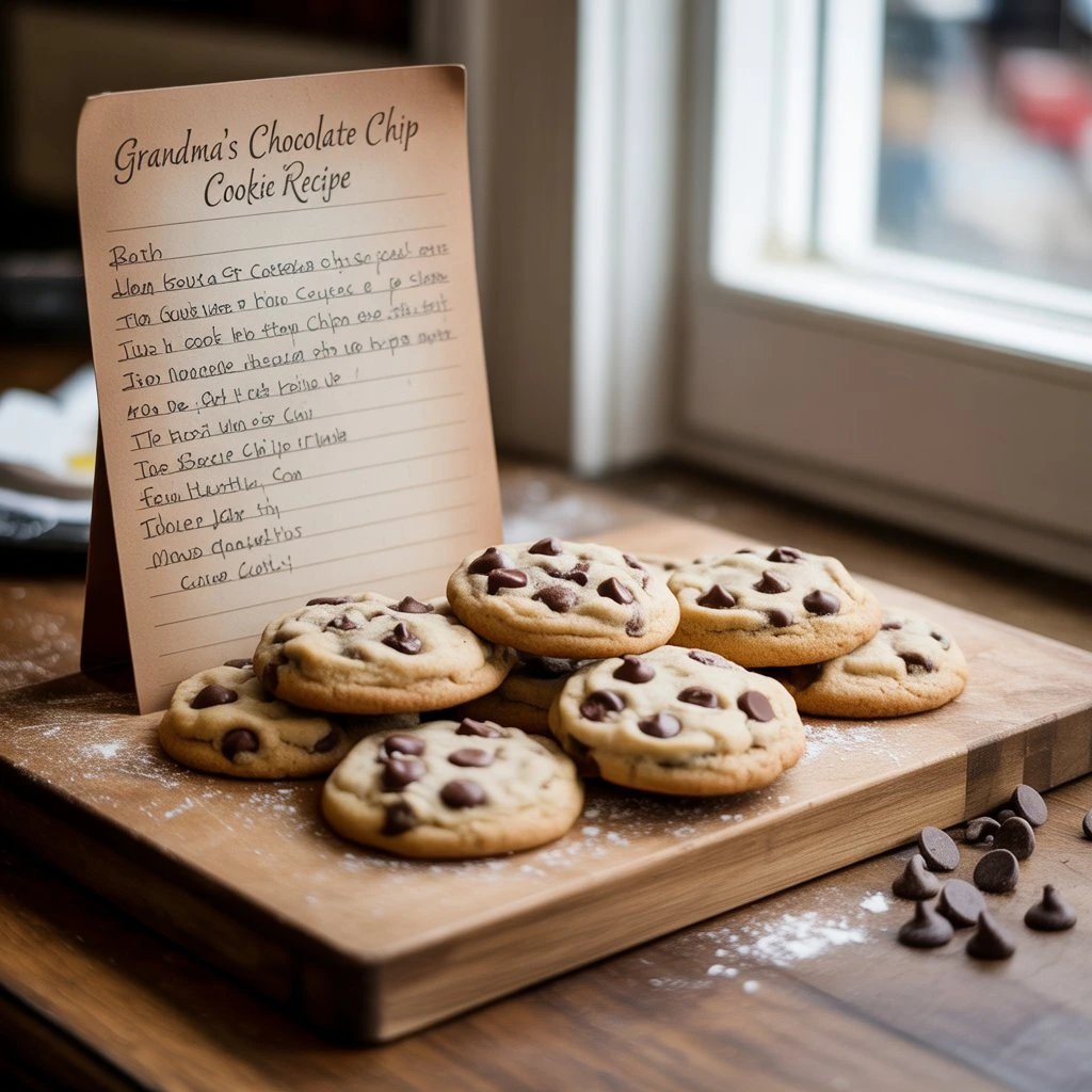 The Ultimate Chocolate Chip Cookie Recipe – Quick, Easy, and Irresistible! 3 Freshly baked chocolate chip cookies with a handwritten recipe card placed next to them for an authentic touch.