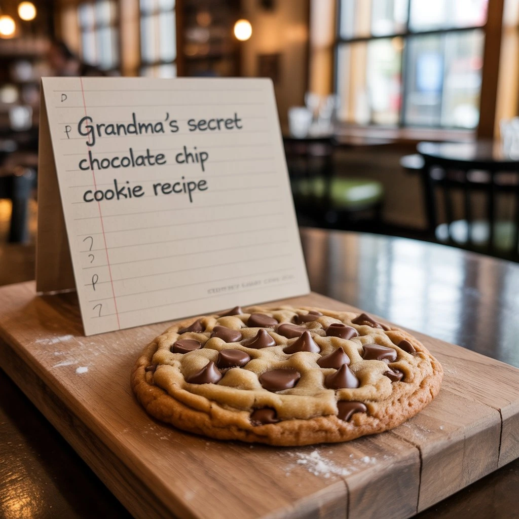 The Ultimate Chocolate Chip Cookie Recipe – Quick, Easy, and Irresistible! 2 A large, golden-brown chocolate chip cookie with an overflowing amount of chocolate chips, sitting next to a recipe card.