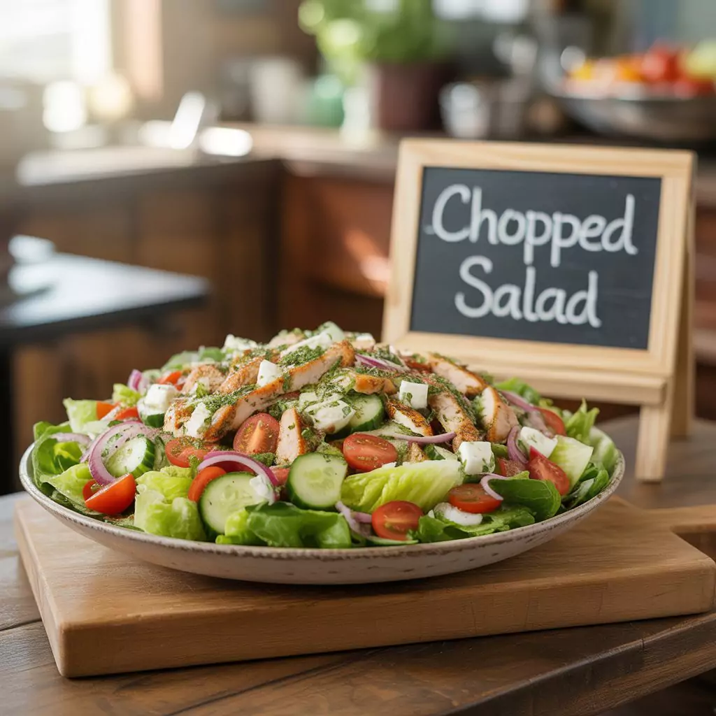 Fresh and colorful chopped salad with vegetables served in a bowl