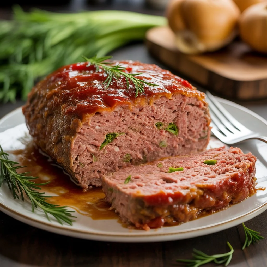 Best Classic Meatloaf Recipe – Juicy, Easy & Family-Favorite! 6 "A perfectly sliced homemade meatloaf topped with savory tomato sauce and garnished with fresh rosemary, showcasing the tender interior with green herbs."