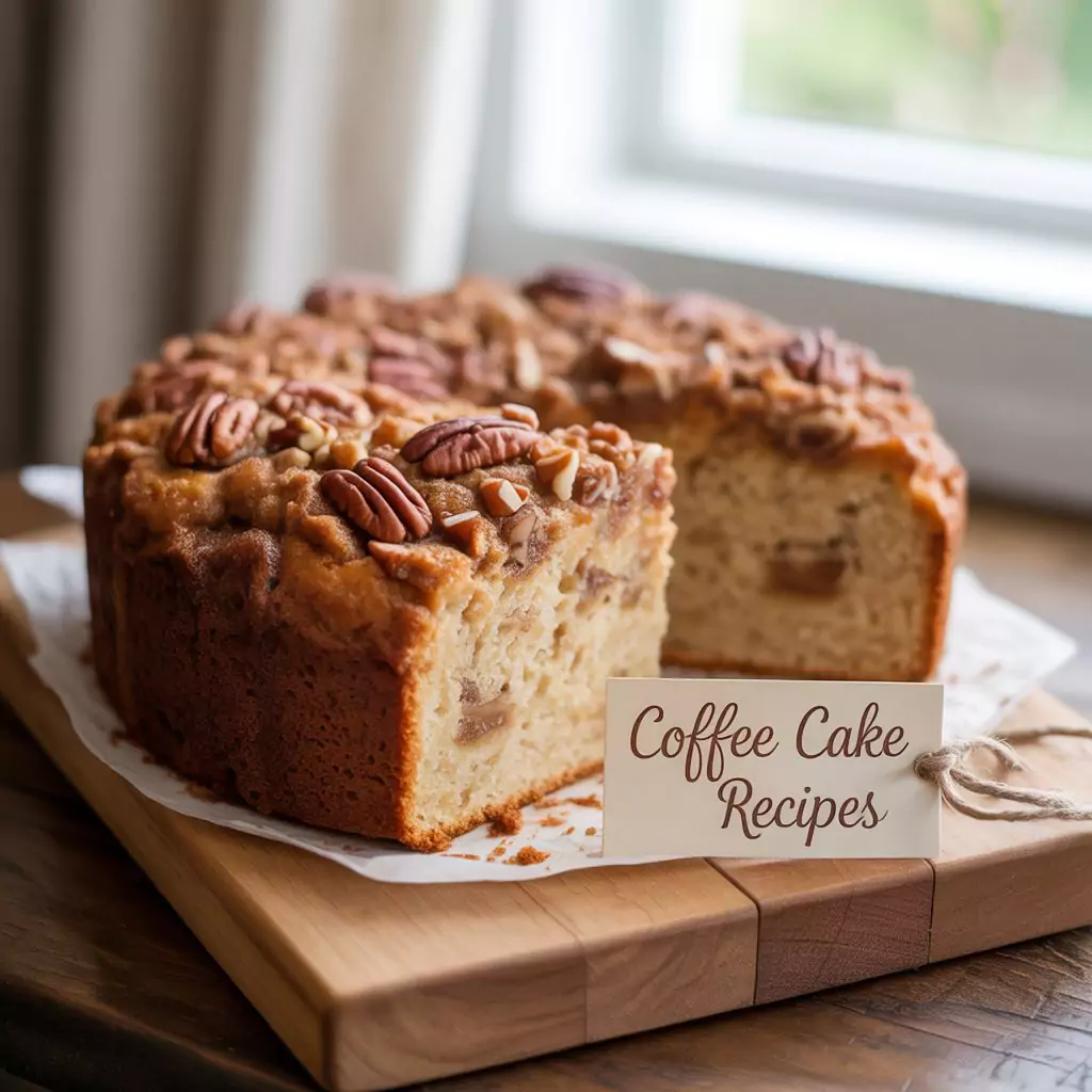 Classic homemade coffee cake recipe slice topped with cinnamon crumble