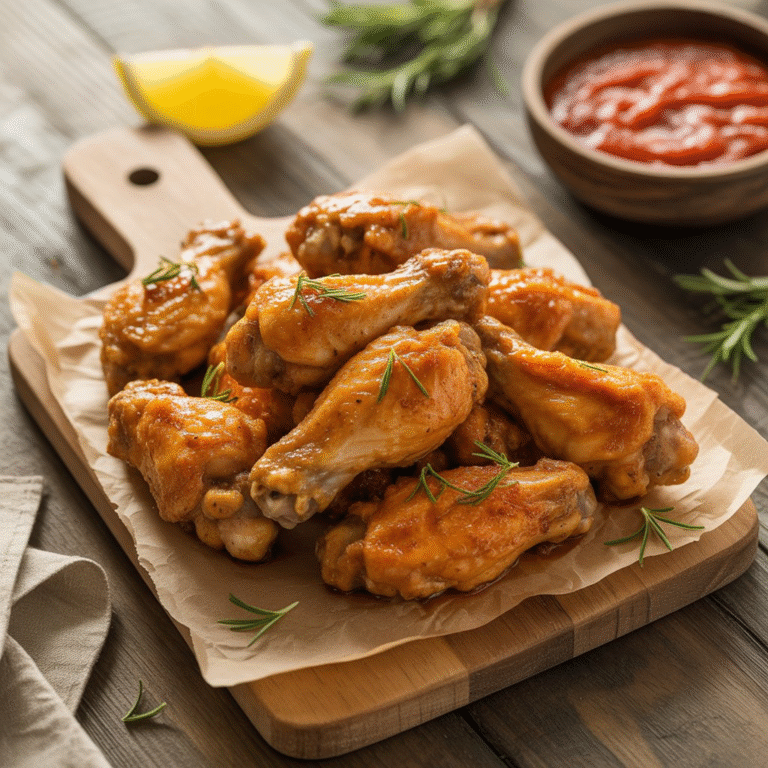 Crispy Baked Chicken Wings Recipe – Better Than Fried! 3 A close-up of crispy, golden chicken wings placed on a wooden board, garnished with fresh rosemary sprigs, alongside a small bowl of tomato sauce and a lemon wedge.