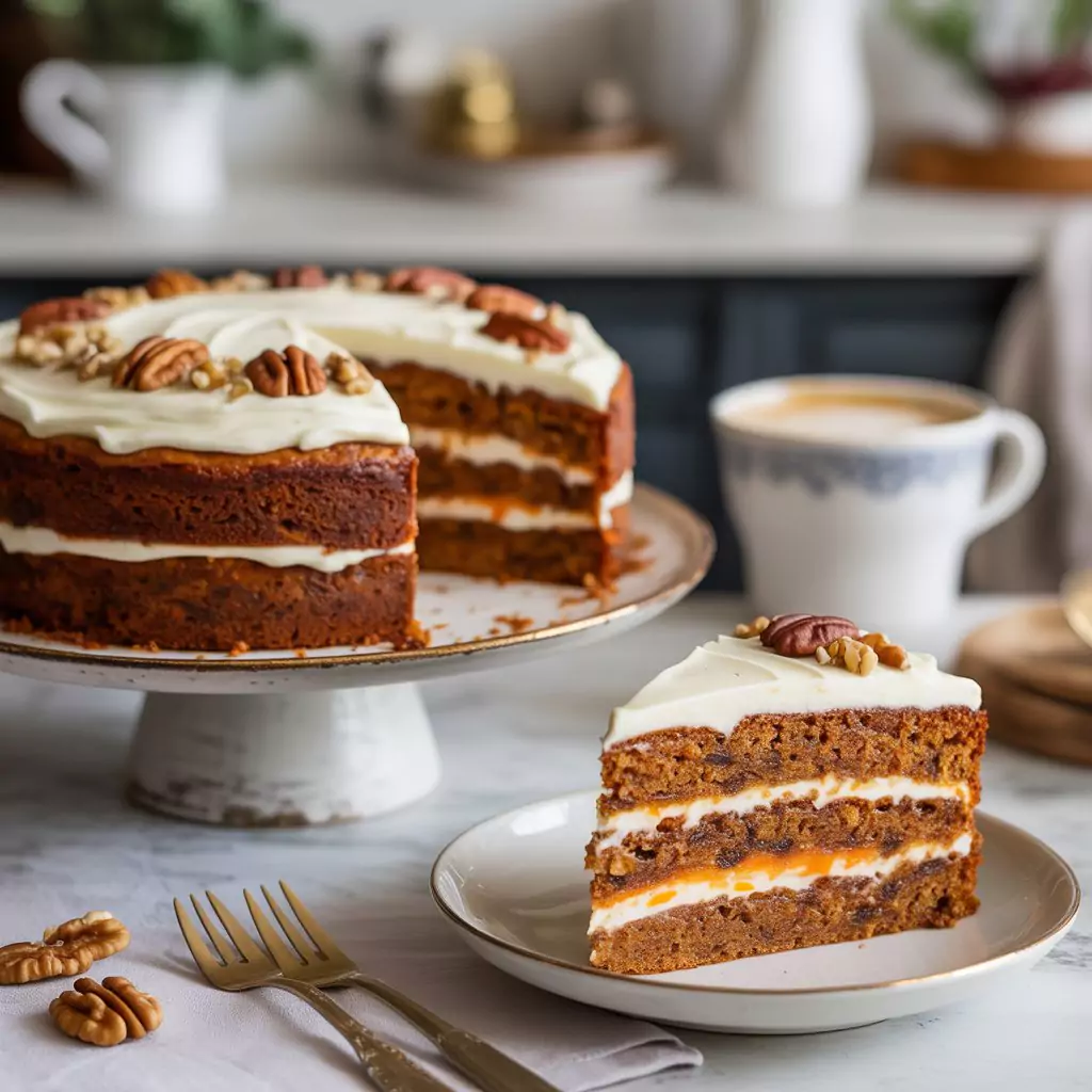 Carrot Cake Recipe – Moist, Spiced & Bakery-Style 4 Festively decorated carrot cake with multiple layers, cream cheese frosting, grated carrots, and whole walnuts, styled in an elegant restaurant setting.